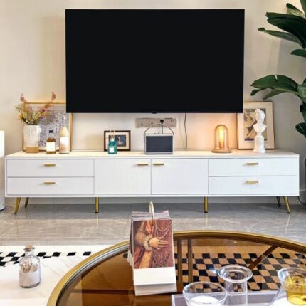 Meja TV Minimalis Modern Putih 4 Laci 2 600x600 1 1