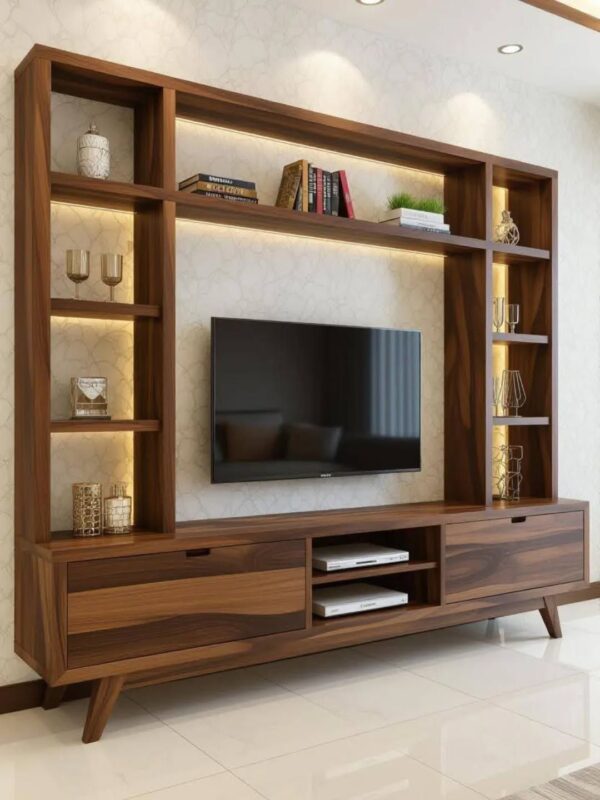 Bufet TV Kayu Jati Minimalis Modern dengan Rak Dinding & Lampu LED