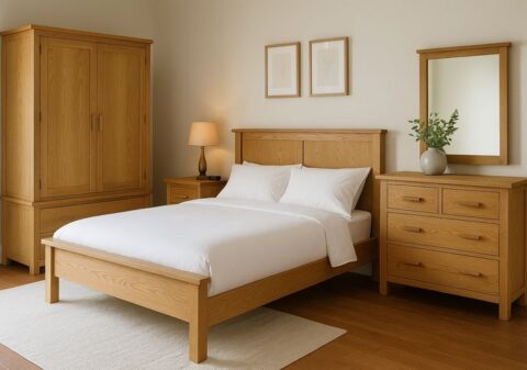kamar tidur dengan ranjang kayu dan set lemari serbaguna