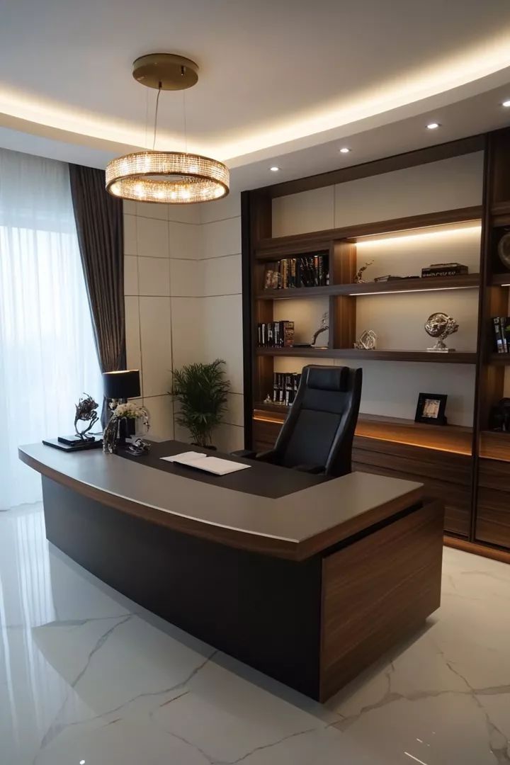 desain ruang kantor modern dengan furniture kayu