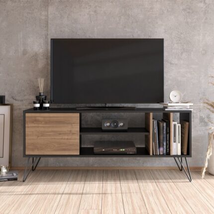 bufet tv minimalis warna hitam dan kayu bergaya industrial modern