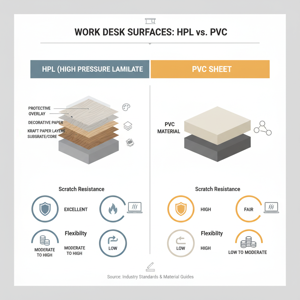 A detailed infographic comparing HPL (High Pressure Laminate) and PVC Sheet for work desk surfaces. The infographic should clearly highlight key features like scratch resistance, heat resistance, flexibility, and cost. Use icons and a split design, showing the multi-layered structure of HPL on one side (with layers like kraft paper, decorative paper, and protective overlay) and a simpler structure for PVC on the other. Include a small laptop icon with scratch marks near the PVC section and fewer/no marks near the HPL section to visually represent scratch resistance. Professional, clean infographic style with clear typography and a balanced color palette.