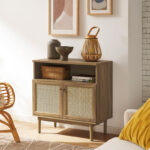 bufet kayu minimalis dengan pintu anyaman rotan bergaya skandinavia