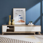 bufet tv kombinasi kayu dan putih bergaya minimalis modern