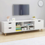 bufet tv minimalis warna putih dengan rak terbuka dan laci modern