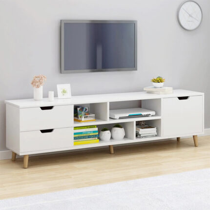 bufet tv minimalis warna putih dengan rak terbuka dan laci modern