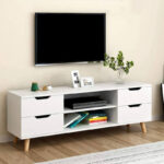 buffet tv minimalis warna putih dengan laci dan rak terbuka bergaya skandinavia