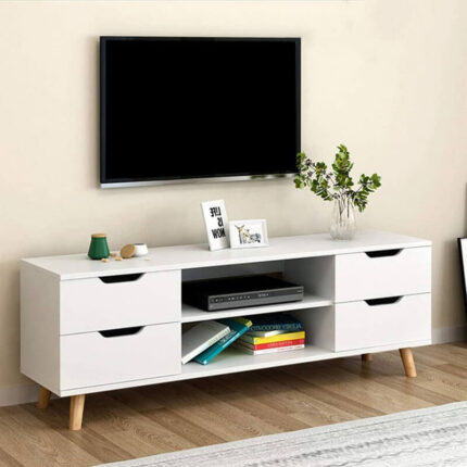 buffet tv minimalis warna putih dengan laci dan rak terbuka bergaya skandinavia