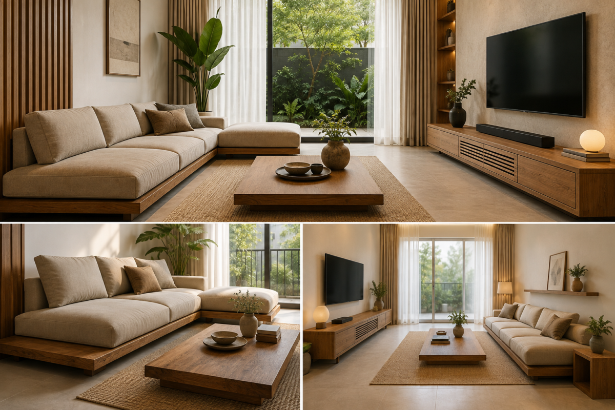 Sofa low profile dengan elemen kayu untuk ruang keluarga