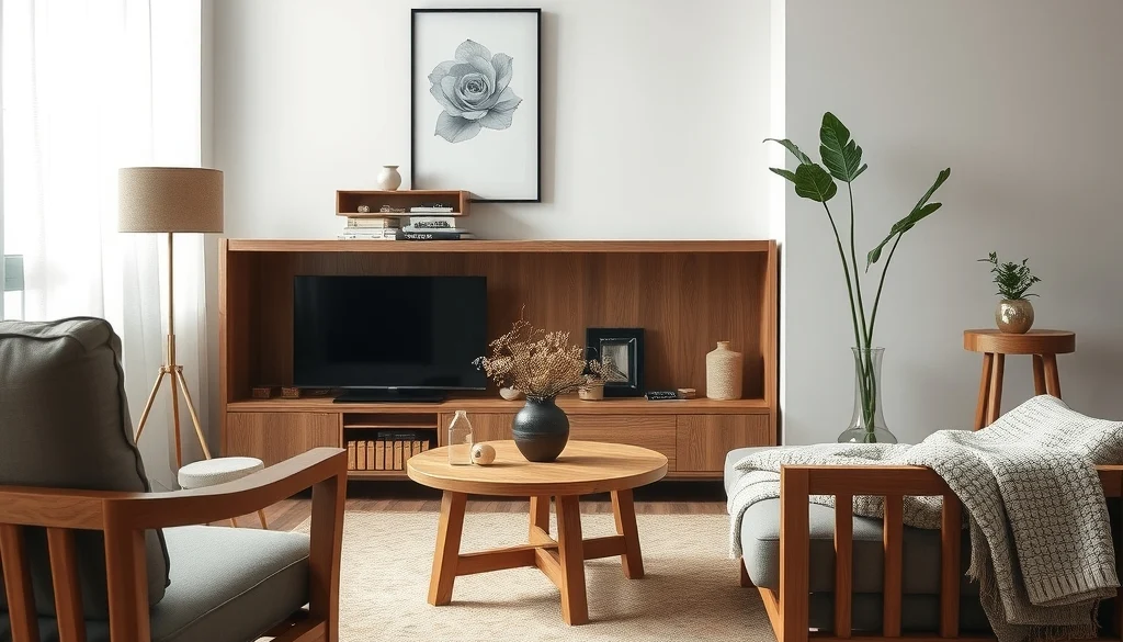 Detail serat kayu jati pada furnitur minimalis di ruang tamu modern