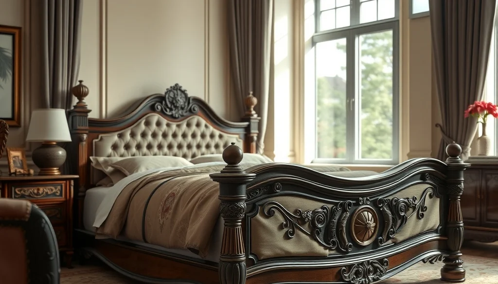 Tempat tidur klasik mewah dengan ukiran kayu rumit dan pelapis beludru berwarna hangat