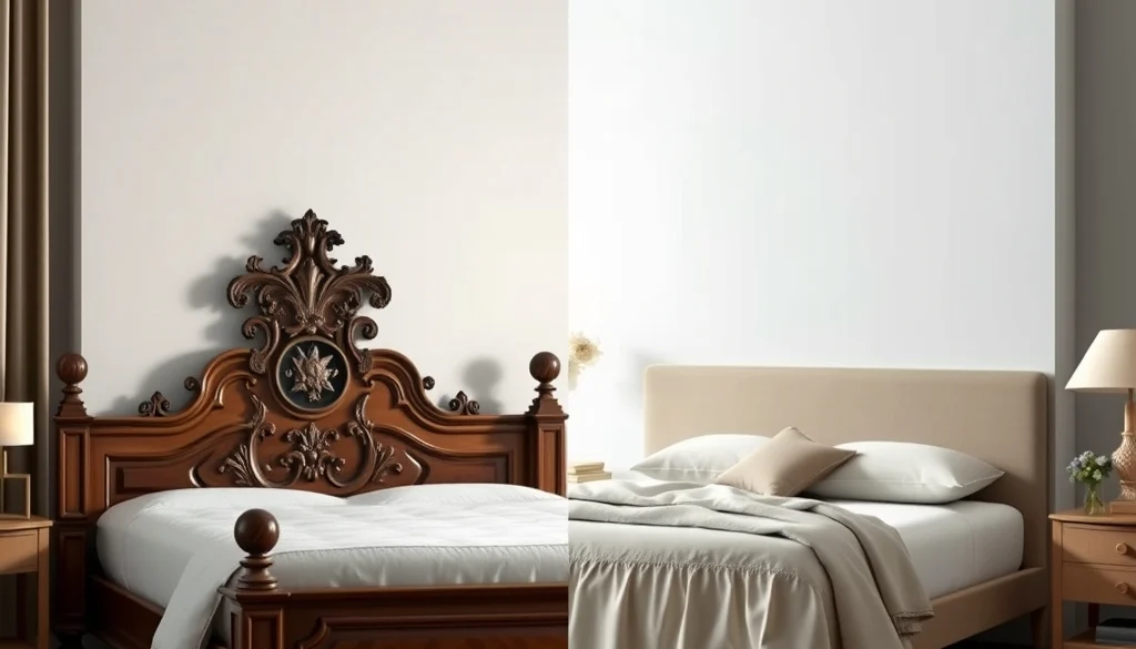 Perbandingan tempat tidur klasik mewah dan minimalis modern dengan fokus pada desain dan bahan