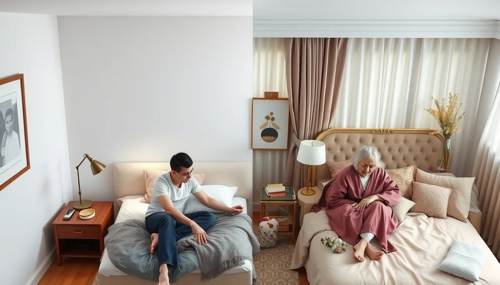 Pengguna tempat tidur minimalis modern dan klasik mewah dalam dua situasi kamar berbeda