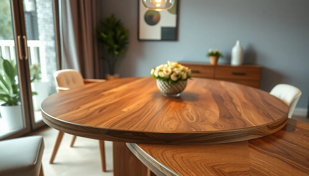 Meja makan jati oval extendable yang sedang diperpanjang di ruang makan modern dengan pencahayaan hangat