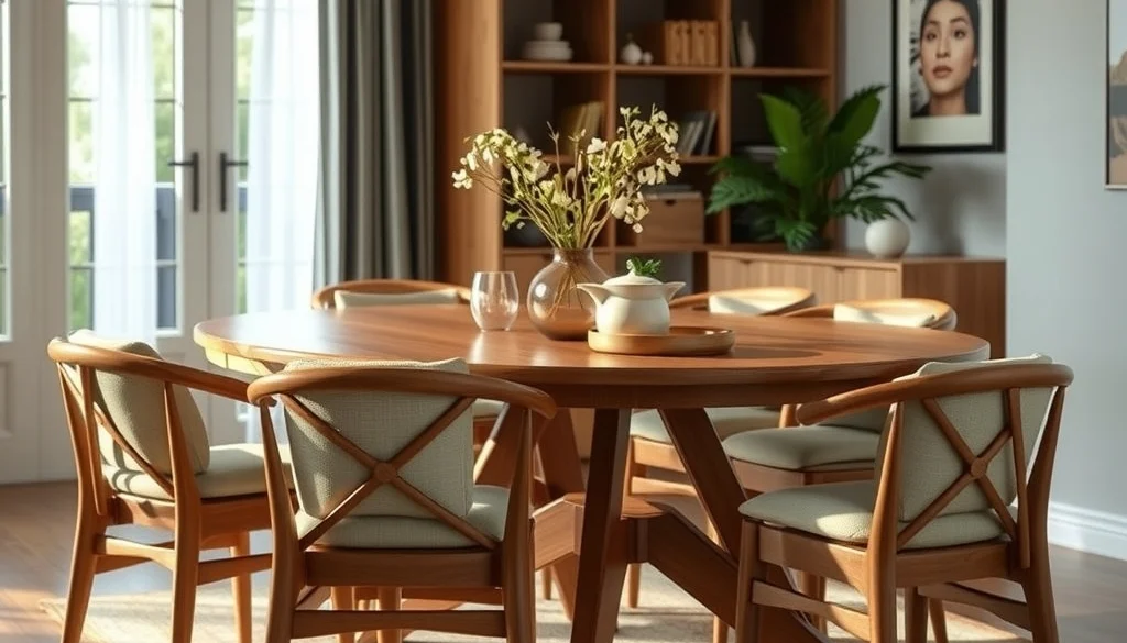 Kursi kayu dengan bantalan kain hangat disusun di sekitar meja makan jati oval extendable