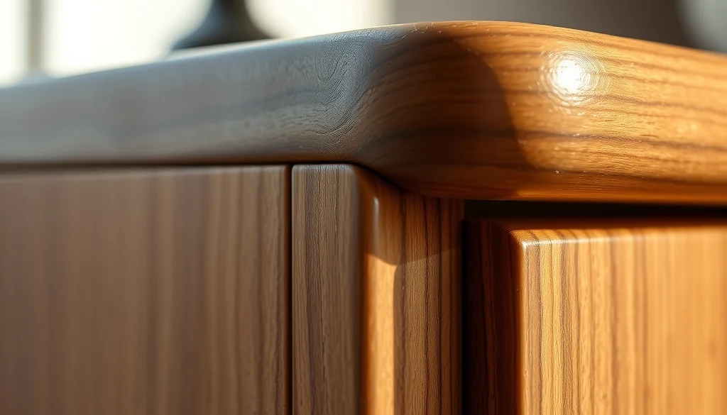 Detail serat dan sambungan kayu jati pada sudut sideboard