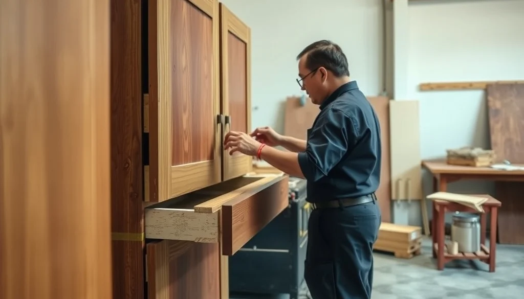 Pemeriksaan konstruksi dan kesejajaran pintu sideboard kayu jati