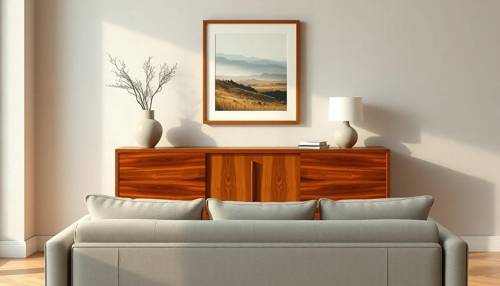 Penempatan sideboard Japandi jati di belakang sofa ruang keluarga