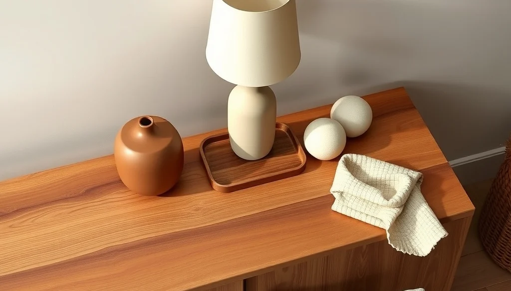 Styling sideboard jati dengan keramik, linen, dan aksesori netral