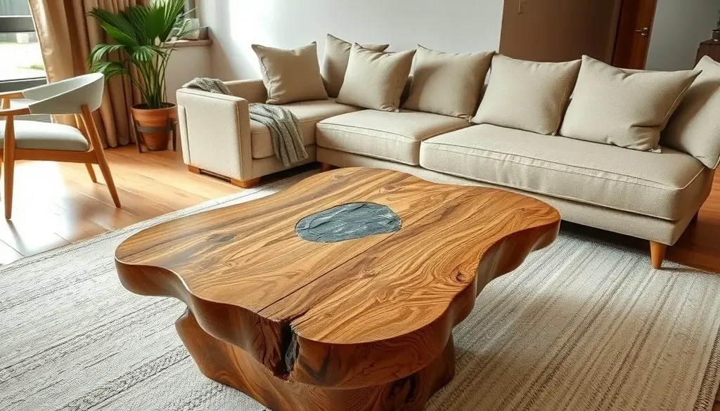 Coffee table jati organik dengan batu alam di tengah ruang tamu modern