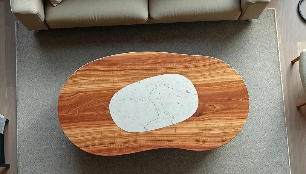 Meja kopi jati berbentuk oval organik yang seimbang dengan sofa modular