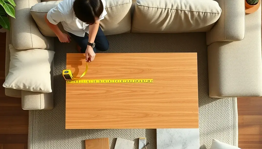 Pengukuran area coffee table dengan pola kardus sebelum membeli meja
