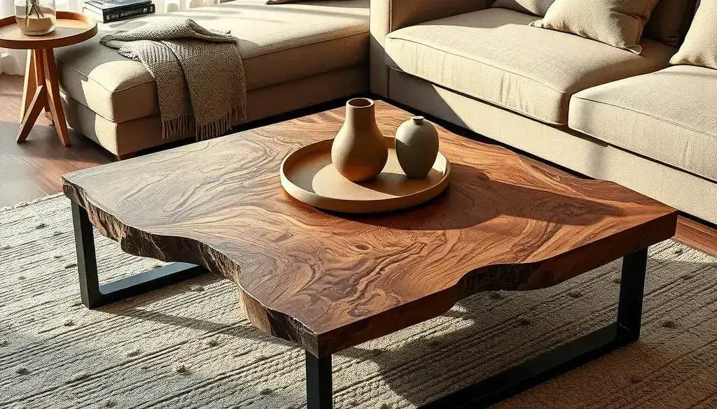 Penataan coffee table jati batu alam dengan sofa dan aksesori minimalis