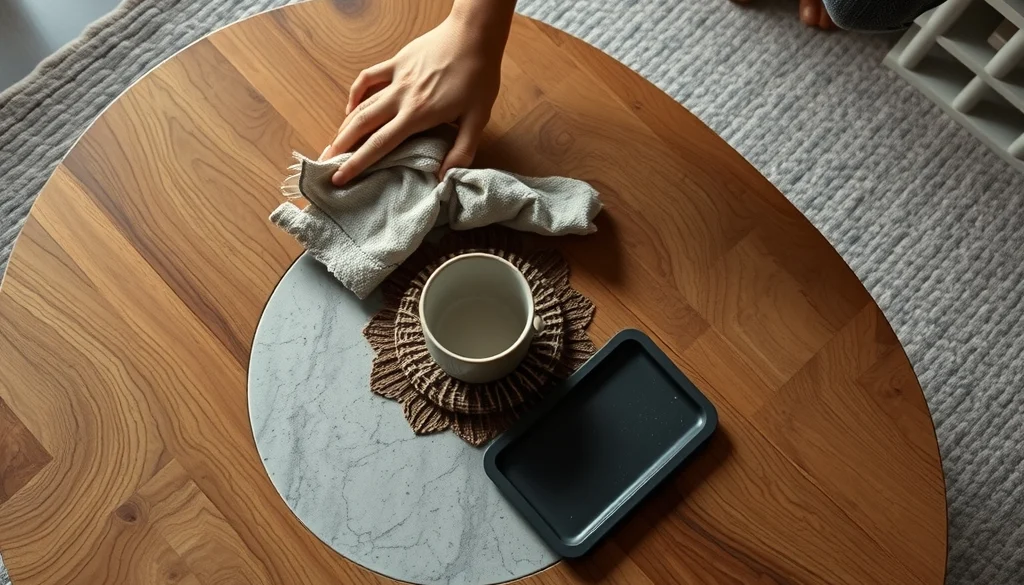 Perawatan permukaan coffee table jati dan batu alam dengan kain lembut
