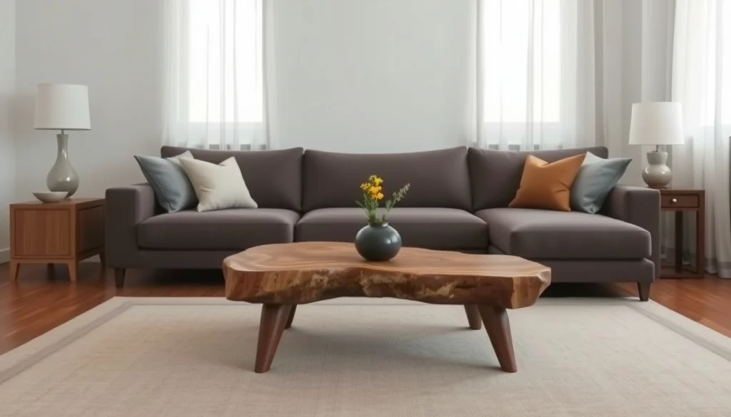 Contoh proporsi coffee table organik untuk sofa berbentuk L di ruang tamu