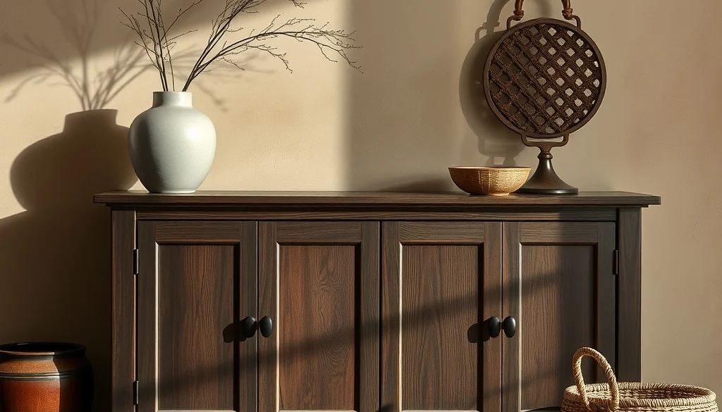 Detail serat dan finishing matte pada buffet kayu jati gelap