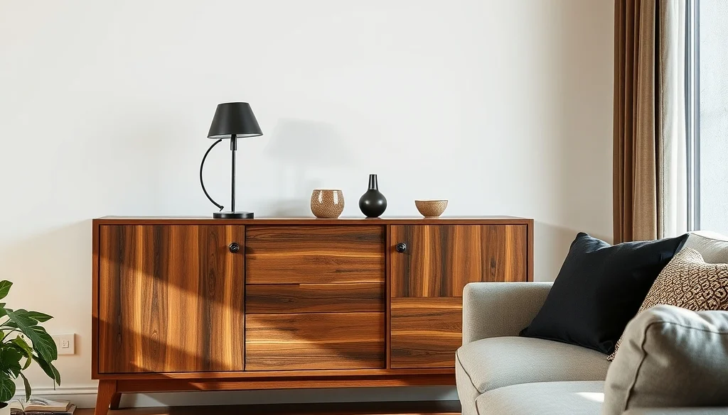 Buffet jati berkaki ramping dalam interior modern heritage kontemporer