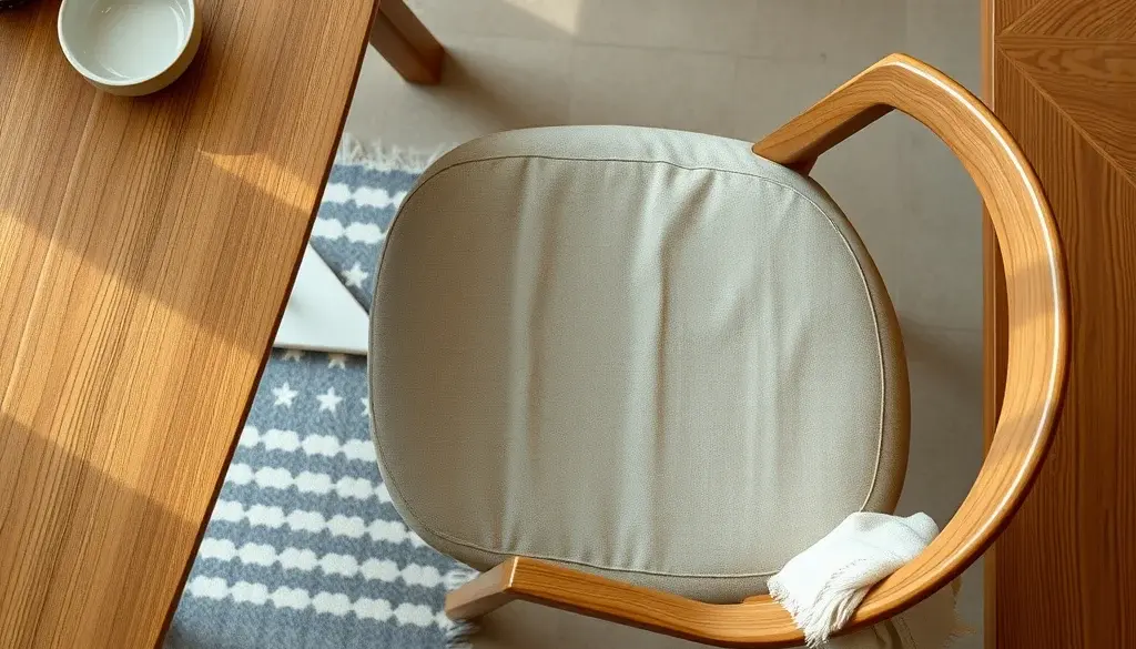 Kursi jati curved back dengan upholstery linen netral di samping meja kayu