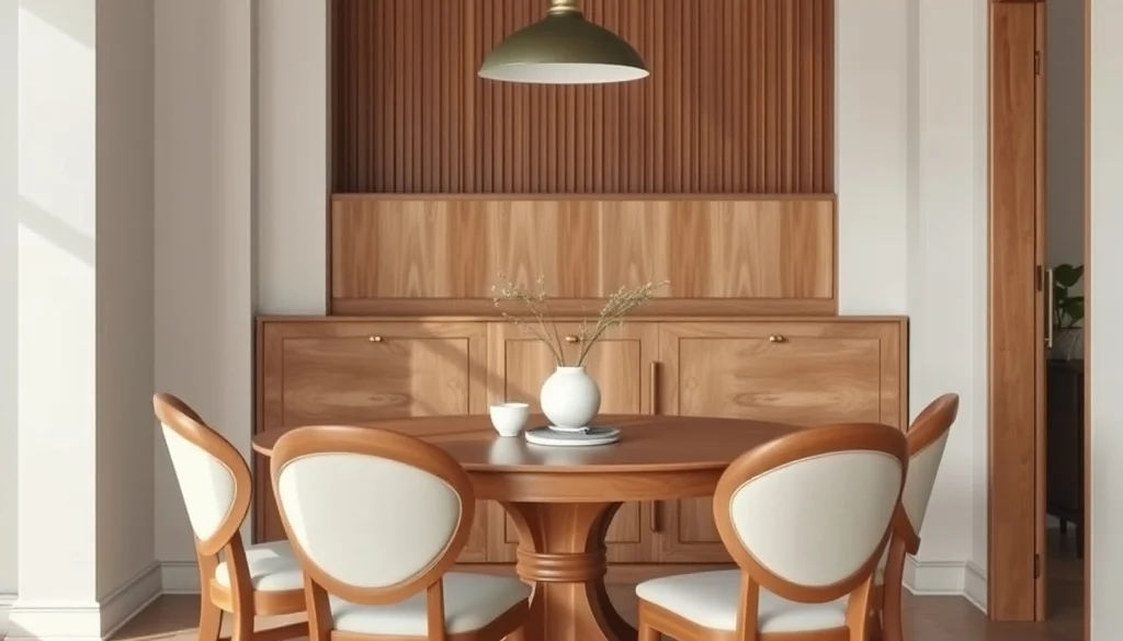 Meja makan oval jati dengan empat kursi curved back dalam interior Japandi