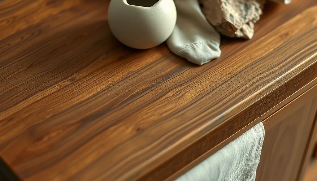 Detail serat dan finishing matte kayu jati bersama linen dan batu alam