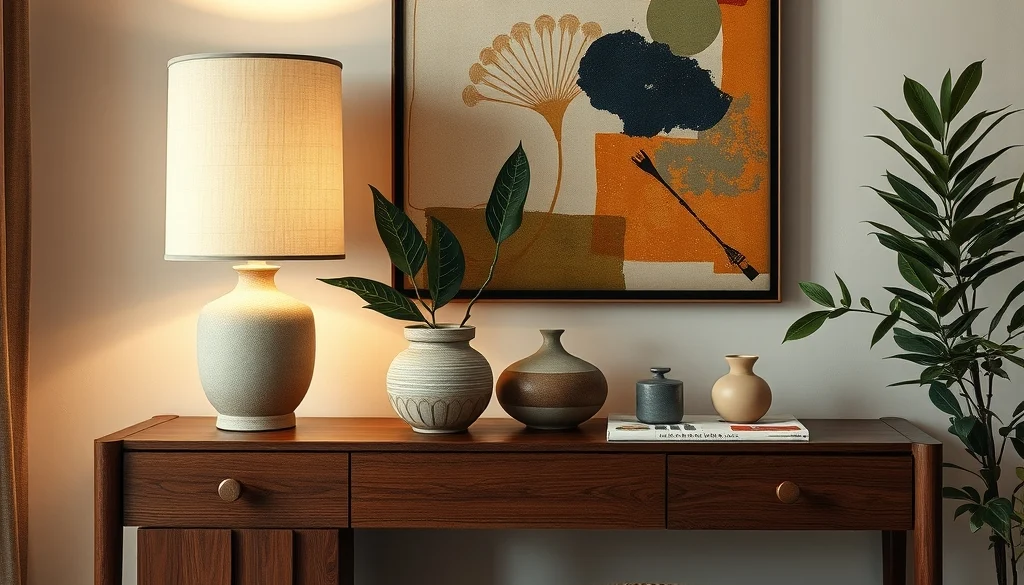 Styling console jati dengan lampu linen, keramik, tanaman, dan karya seni