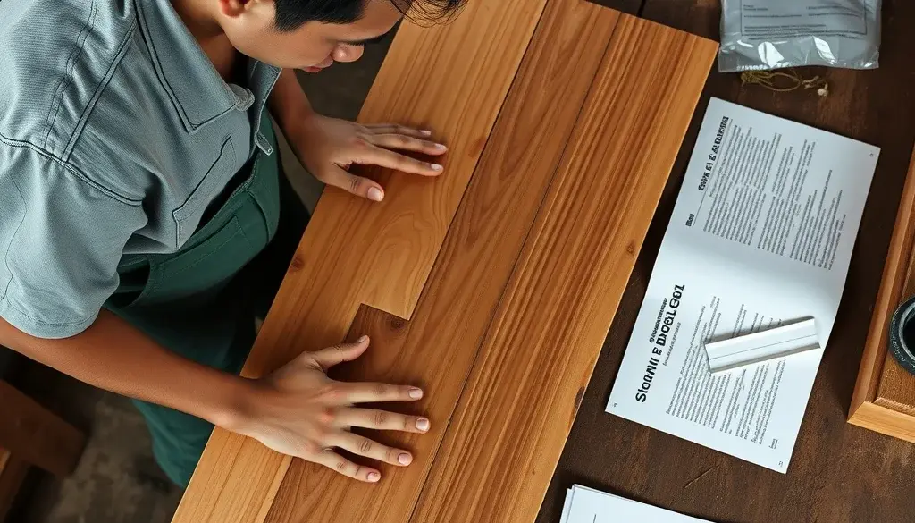 Pengrajin memeriksa papan kayu jati dan komponen furnitur di bengkel