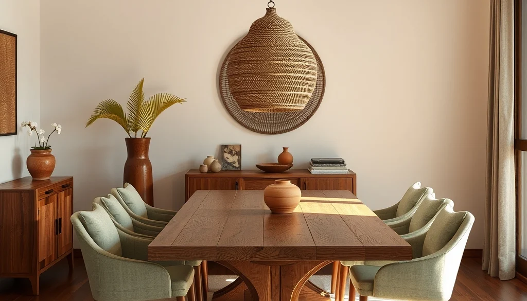Ruang makan earth tone dengan meja jati, kursi linen sage, dan aksesori terracotta