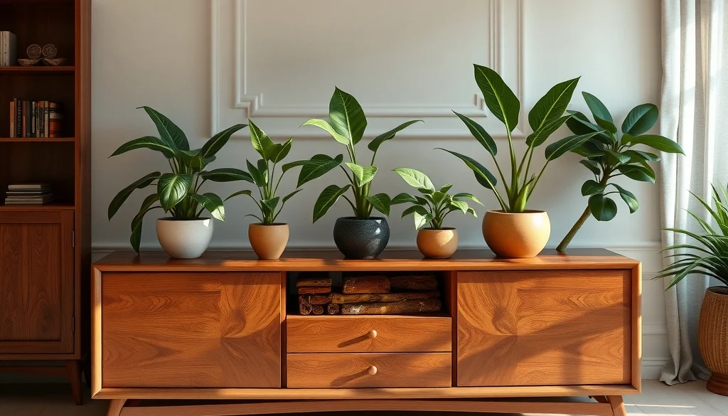 Sideboard kayu jati dengan tanaman tropis dan tatakan pelindung