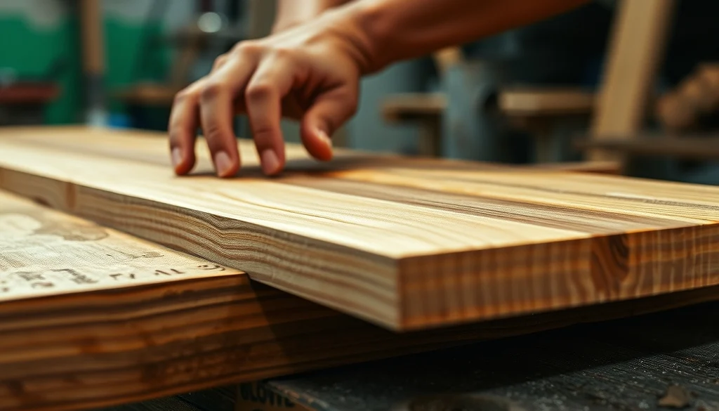 Pengrajin memeriksa serat dan permukaan papan kayu jati solid