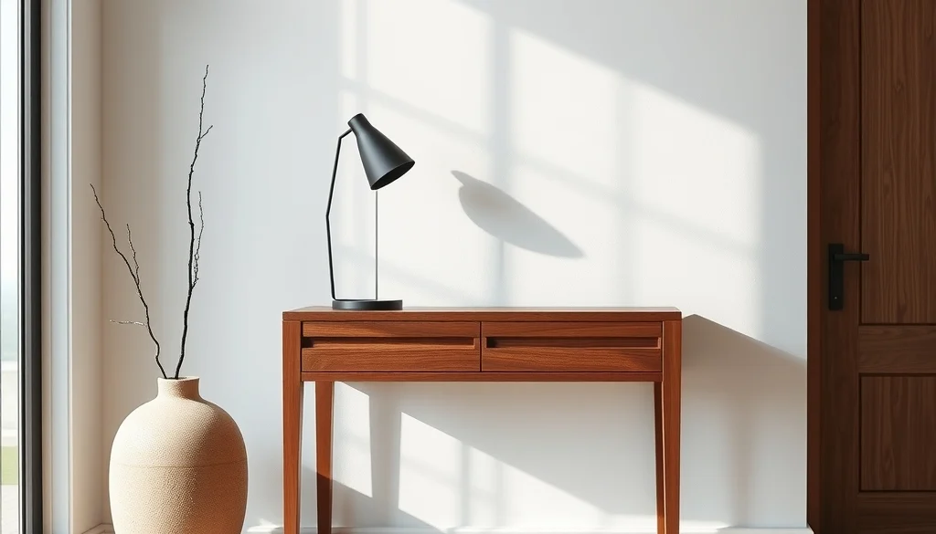Meja konsol jati warna walnut dalam foyer bergaya modern