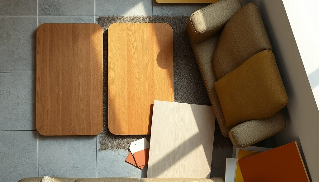 Membandingkan sampel finishing jati dengan lantai kain sofa dan warna dinding