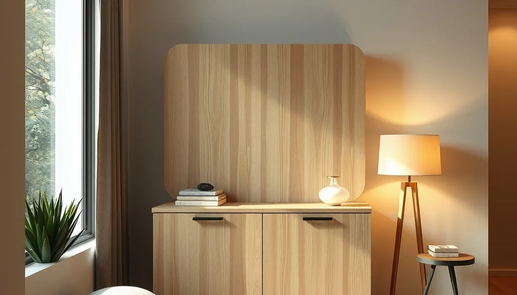 Kabinet jati natural pada ruang kecil dengan pencahayaan alami dan lampu hangat
