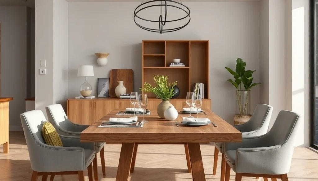 Meja makan jati medium brown di ruang makan modern