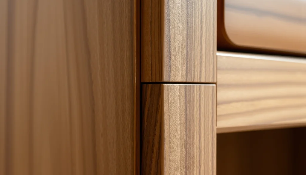 Detail serat kayu dan sambungan kabinet jati dengan finishing matte