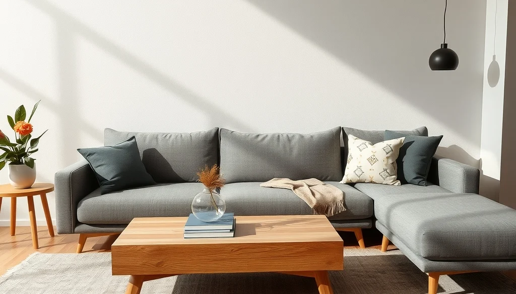 Palet interior modern dengan meja jati natural dan sofa abu-abu