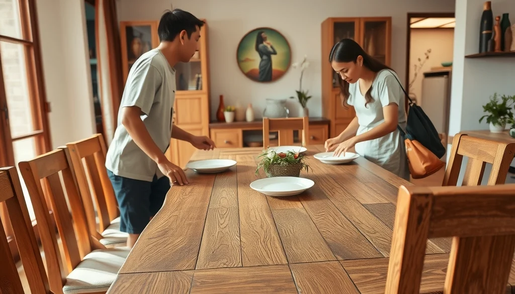 Meja makan jati solid yang kokoh digunakan dalam ruang makan keluarga