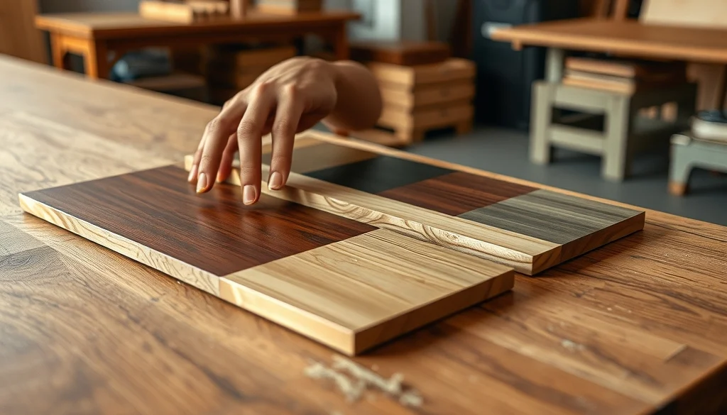 Sampel finishing kayu dibandingkan untuk menentukan pilihan furniture