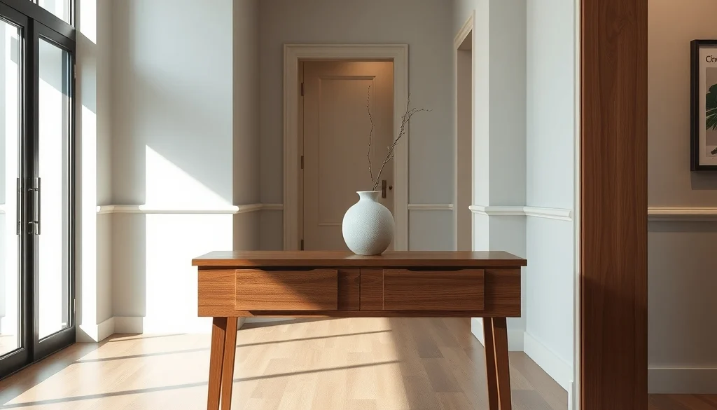 Meja konsol jati dengan finishing melamin semi-gloss di foyer modern