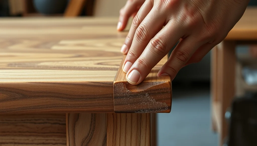 Detail sambungan dan serat meja kayu jati yang diperiksa sebelum finishing