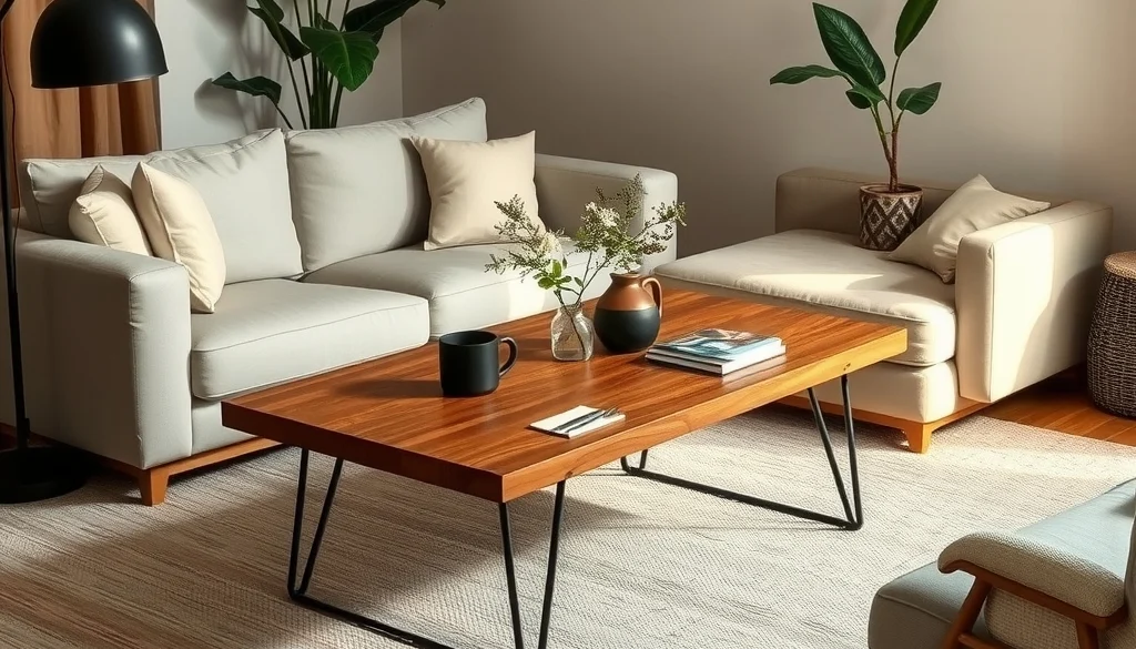 Perpaduan meja kopi jati dengan sofa linen dan aksen metal di ruang keluarga